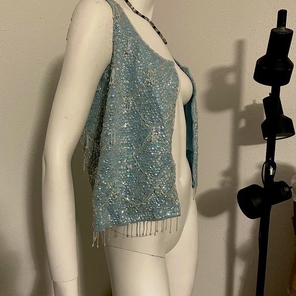NEW blue sequins sparkly beaded zip up sleeveless dressy top vest jacket Vintage - Picture 5 of 11